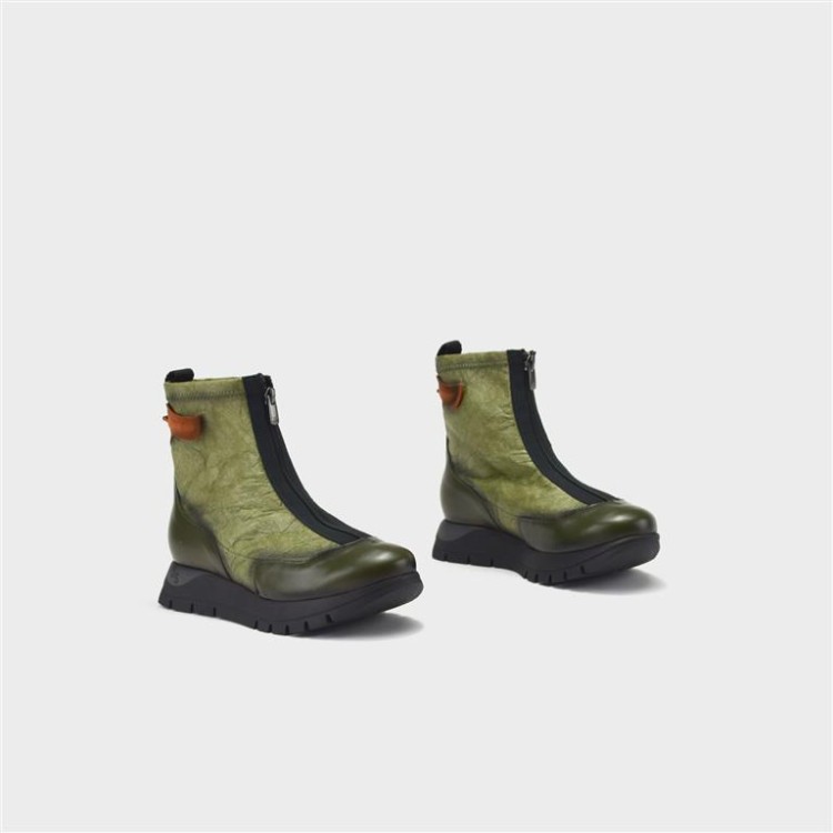 Botín Belén - Piel y tejido efecto papel kaki 2