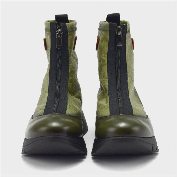 Botín Belén - Piel y tejido efecto papel kaki 4