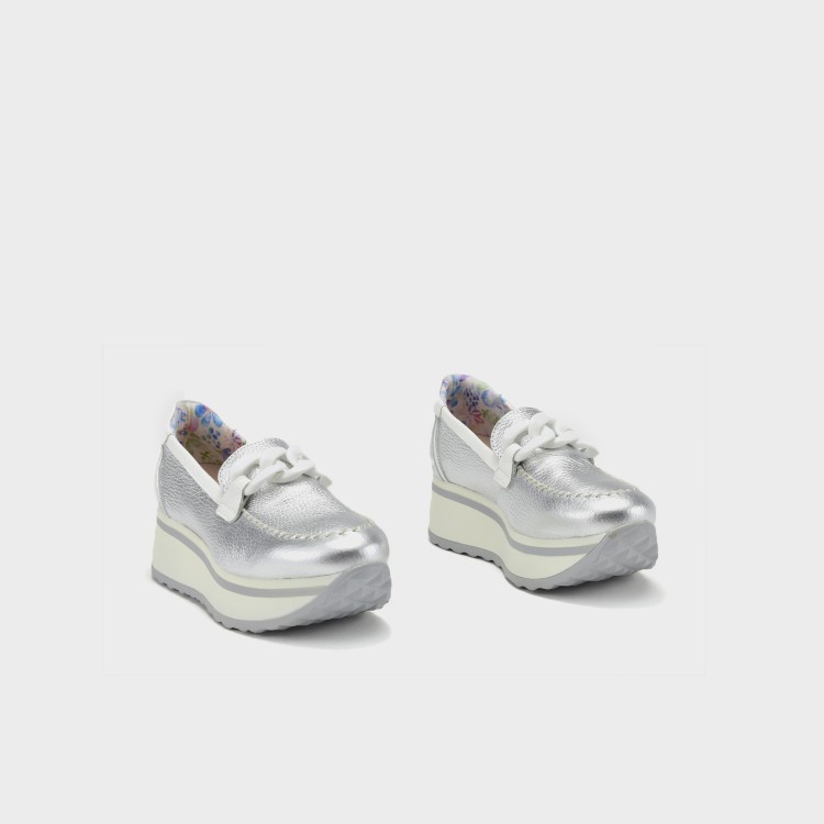Mocasín Nora - Piel metal bogota plata-blanco 2