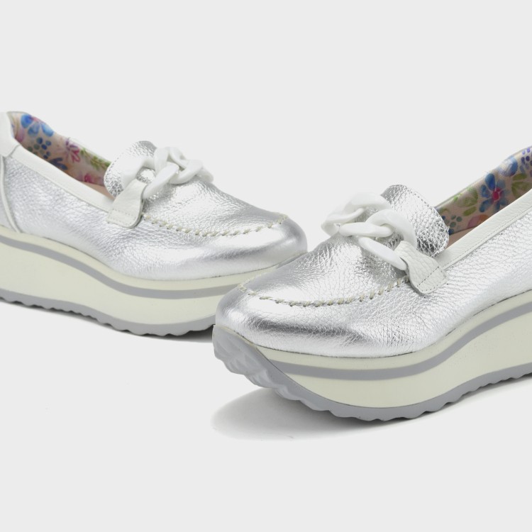Mocasín Nora - Piel metal bogota plata-blanco 3